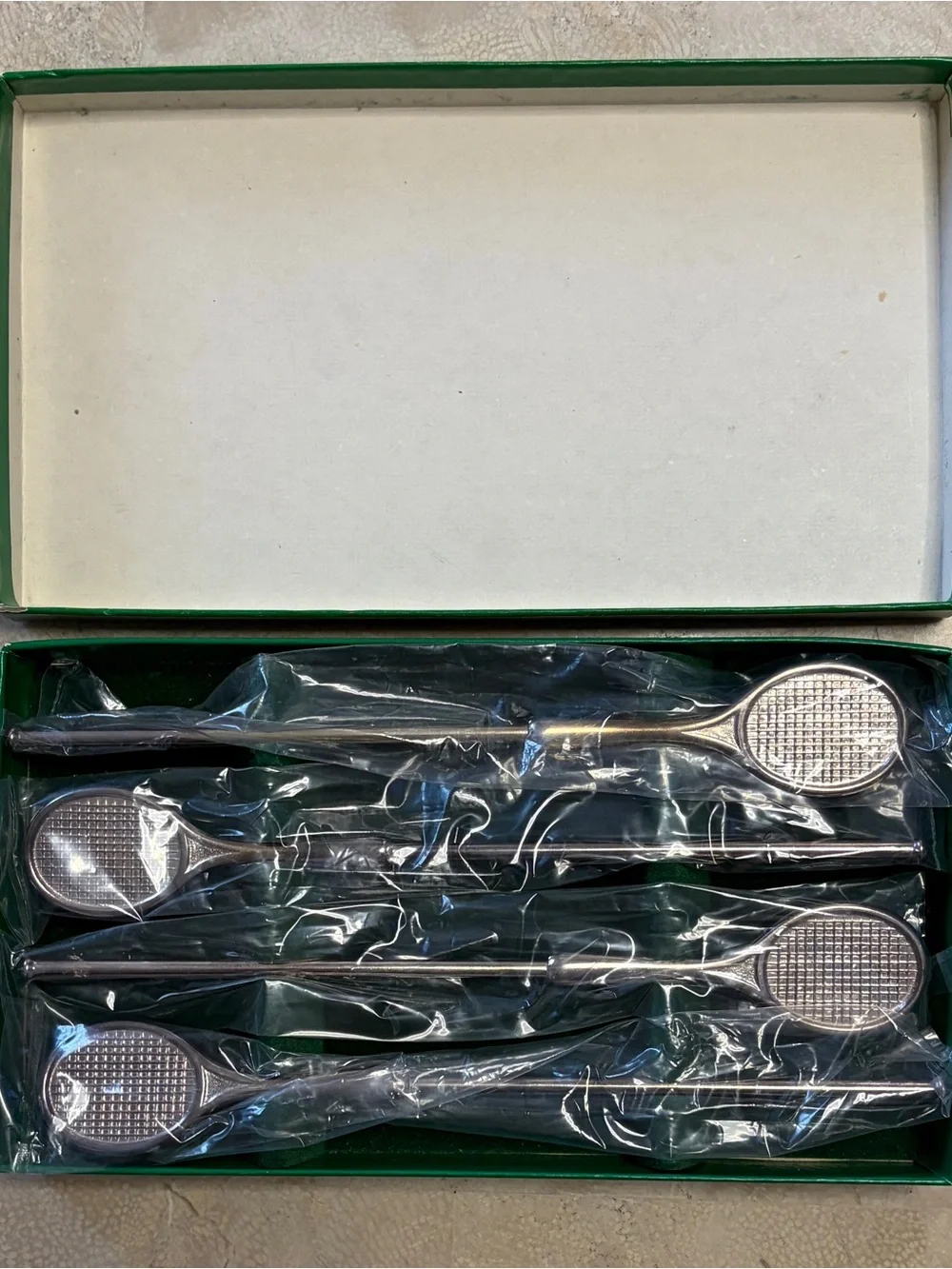 NIB Vintage FB Rogers Silverplated Tennis Racket Drink Stirrers Sippers Box